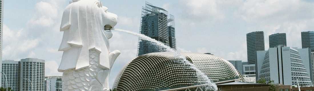 The Merlion and the Esplanade at Marina Bay in daylight, with central business district towers behind.